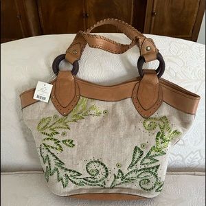 Cole Haan large green multitartan embroidery tote w/ leather trim-Vintage NWT